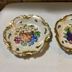 Two (2) Vintage 7.75” Reticulated Iridescent Fruit Plates with Gold Trim - Japan
